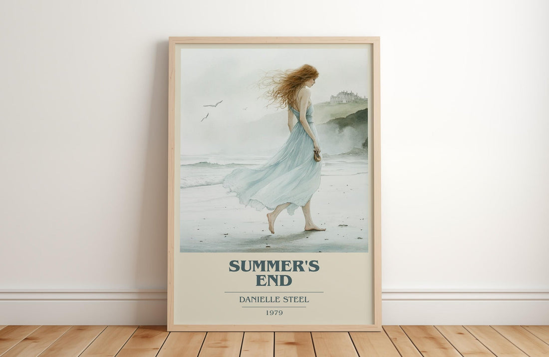 Summer's End book cover print in frame leaning in hallway – romance wall art (mockup)