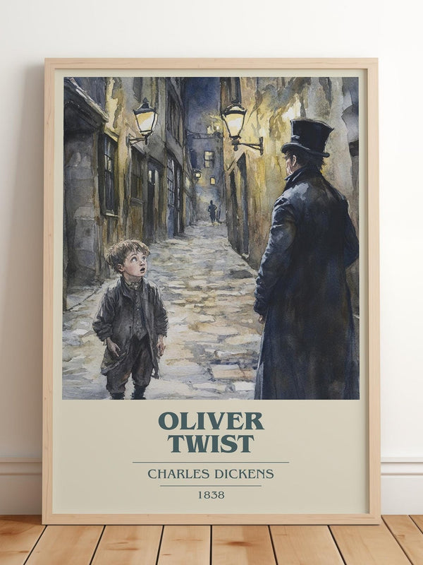 Oliver Twist book cover print in frame leaning in hallway – classic literature wall art