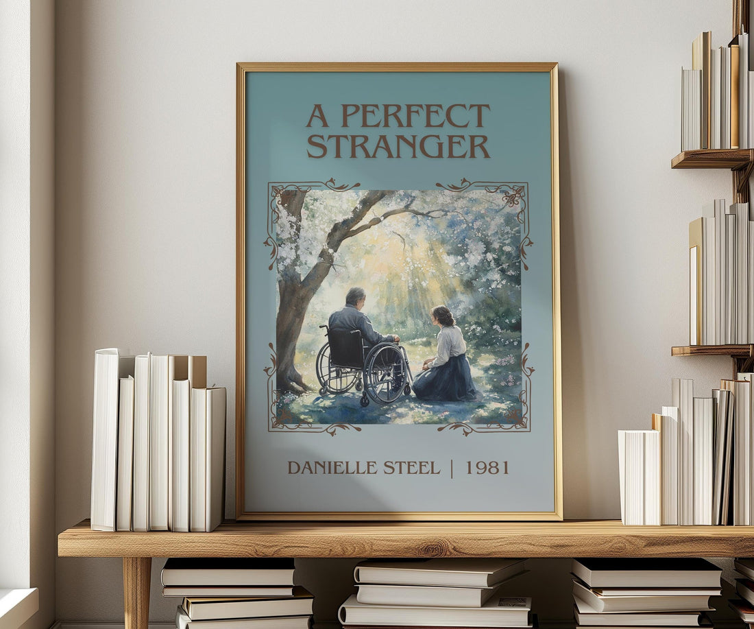 A Perfect Stranger classic book art print in frame leaning in hallway – romance wall art (mockup)