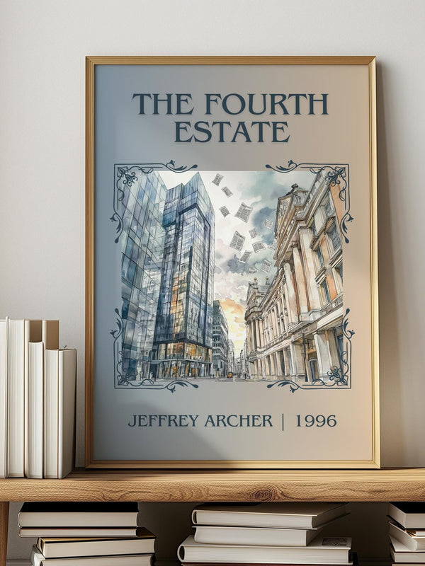 The Fourth Estate classic book art print in frame leaning in hallway – contemporary fiction wall art