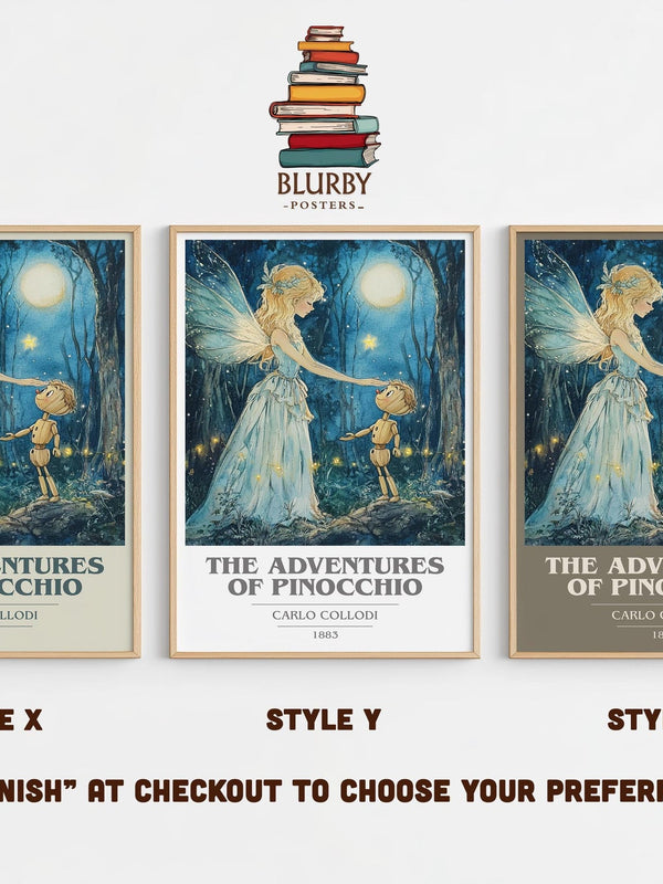 Adventures of Pinocchio book cover poster colour and style options – Carlo Collodi book art