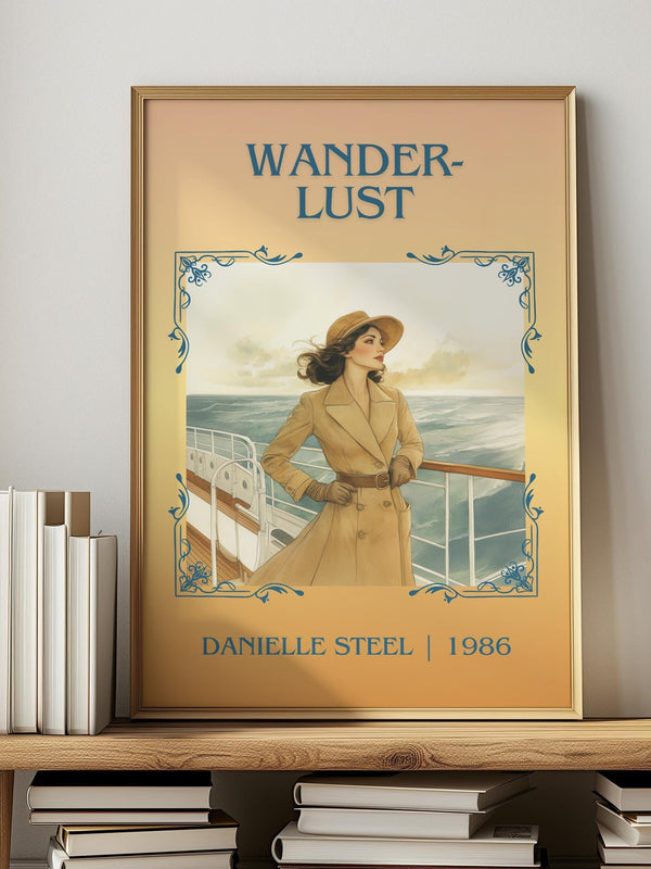 Wanderlust classic book art print in frame leaning in hallway – romance wall art
