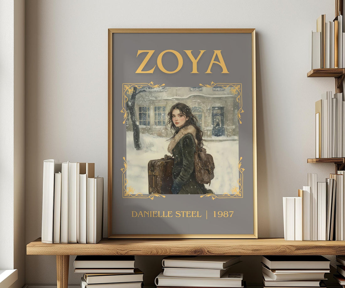 Zoya classic book art print in frame leaning in hallway – historical fiction wall art (mockup)