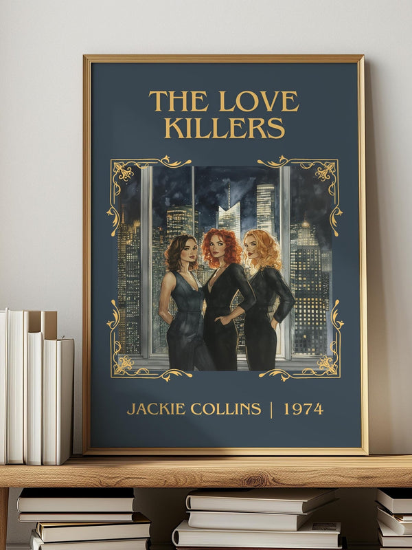 The Love Killers classic book art print in frame leaning in hallway – thriller wall art