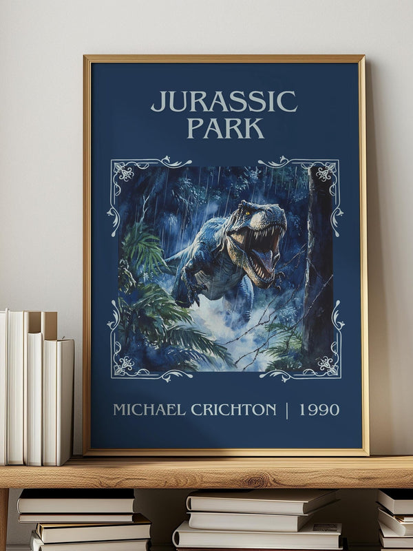 Jurassic Park classic book art print in frame leaning in hallway – sci fi wall art