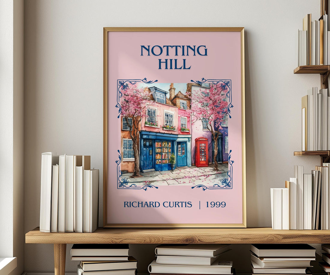 Notting Hill classic book art print in frame leaning in hallway – romance wall art (mockup)