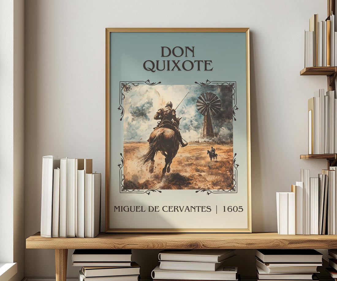 Don Quixote classic book art print in frame leaning in hallway – classic literature wall art (mockup)