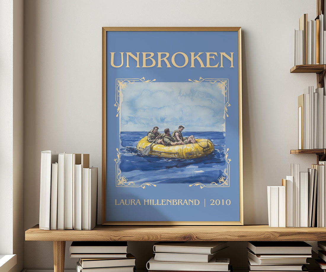 Unbroken classic book art print in frame leaning in hallway – non fiction wall art (mockup)