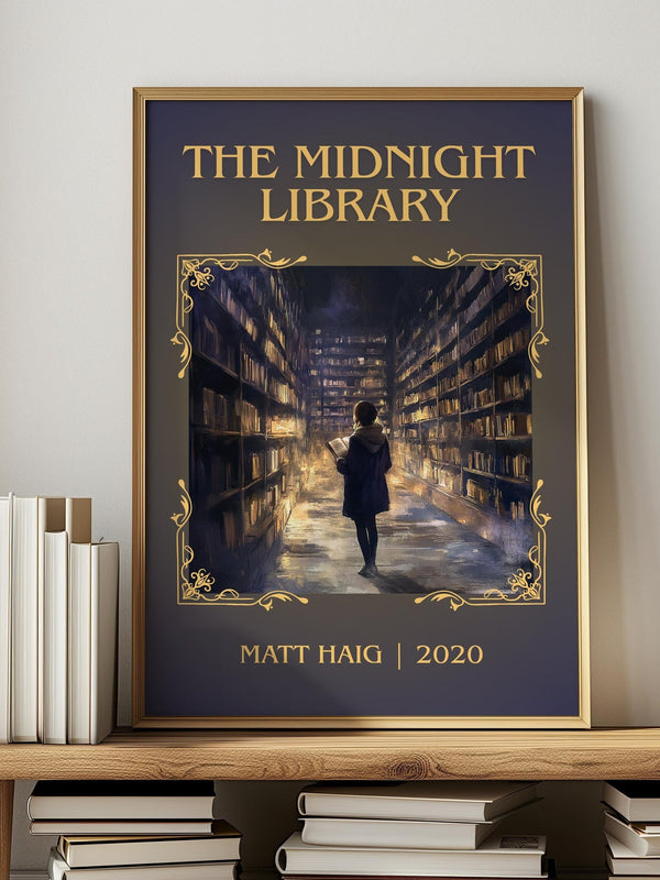 The Midnight Library classic book art print in frame leaning in hallway – contemporary fiction wall art