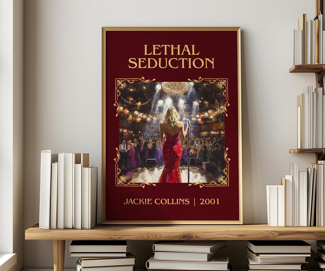 Lethal Seduction classic book art print in frame leaning in hallway – romance wall art (mockup)