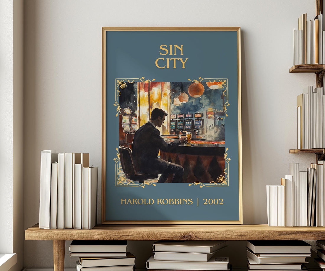 Sin City classic book art print in frame leaning in hallway – romance wall art (mockup)