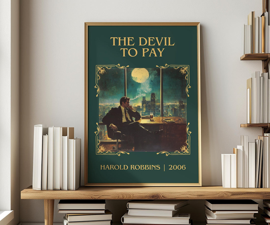 The Devil To Pay classic book art print in frame leaning in hallway – thriller wall art (mockup)