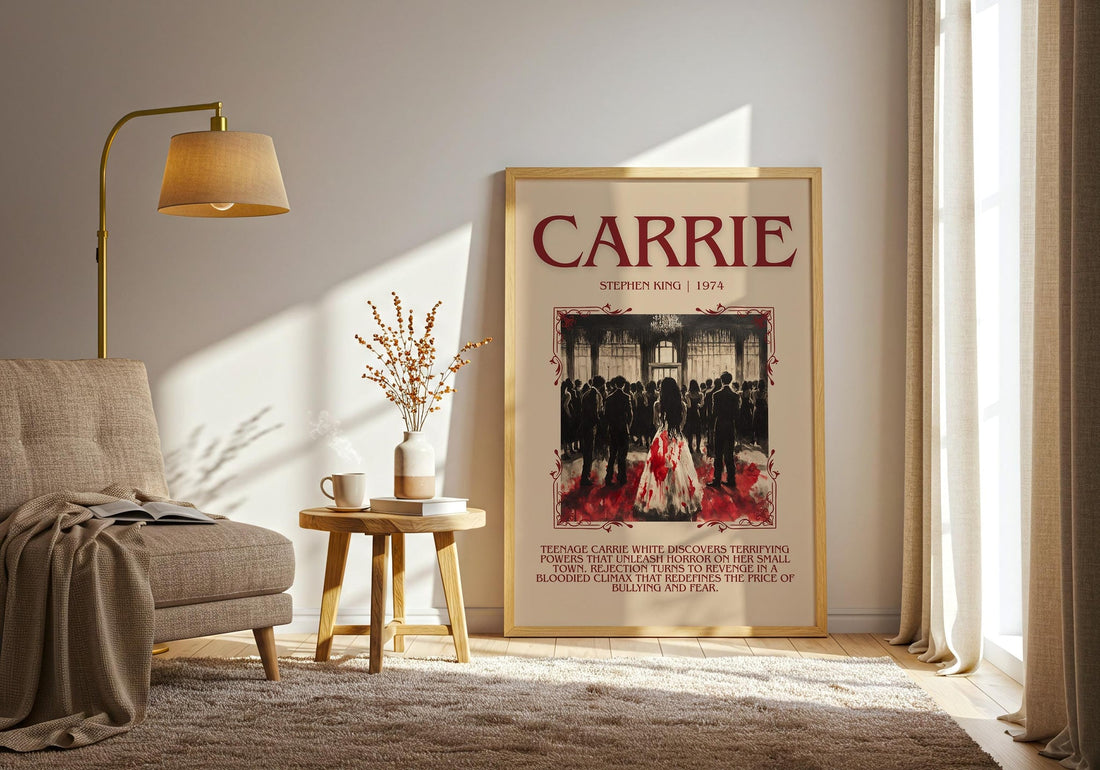 Carrie minimalist print framed by window – literary home decor (mockup)