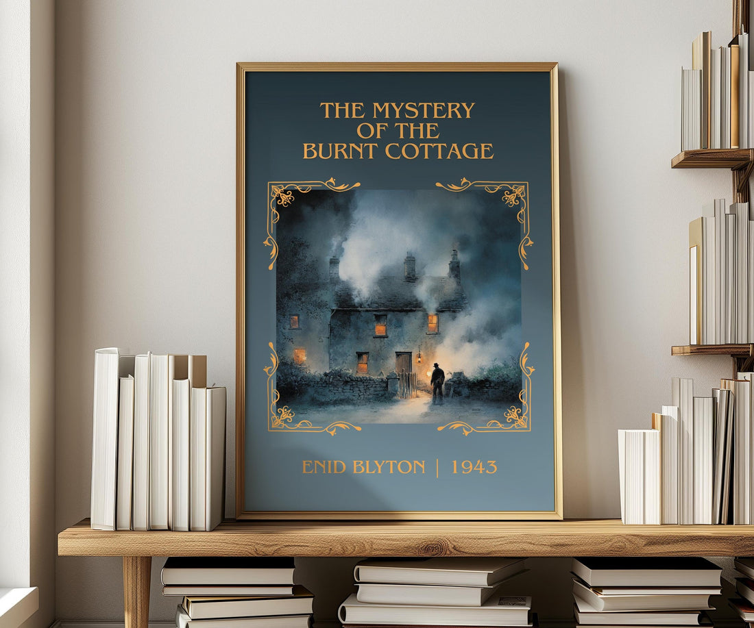 The Mystery of the Burnt Cottage classic book art print in frame leaning in hallway – mystery wall art (mockup)
