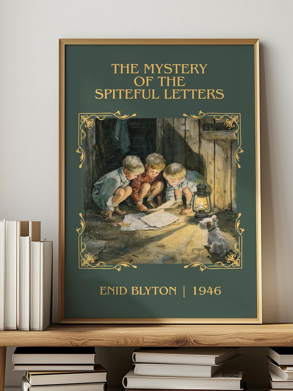 The Mystery Of The Spiteful Letters classic book art print in frame leaning in hallway – mystery wall art