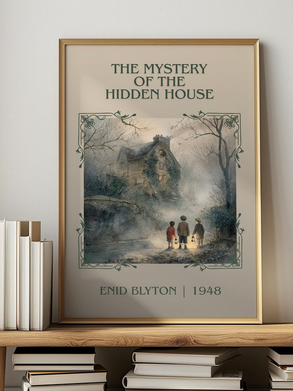 The Mystery Of The Hidden House classic book art print in frame leaning in hallway – childrens wall art
