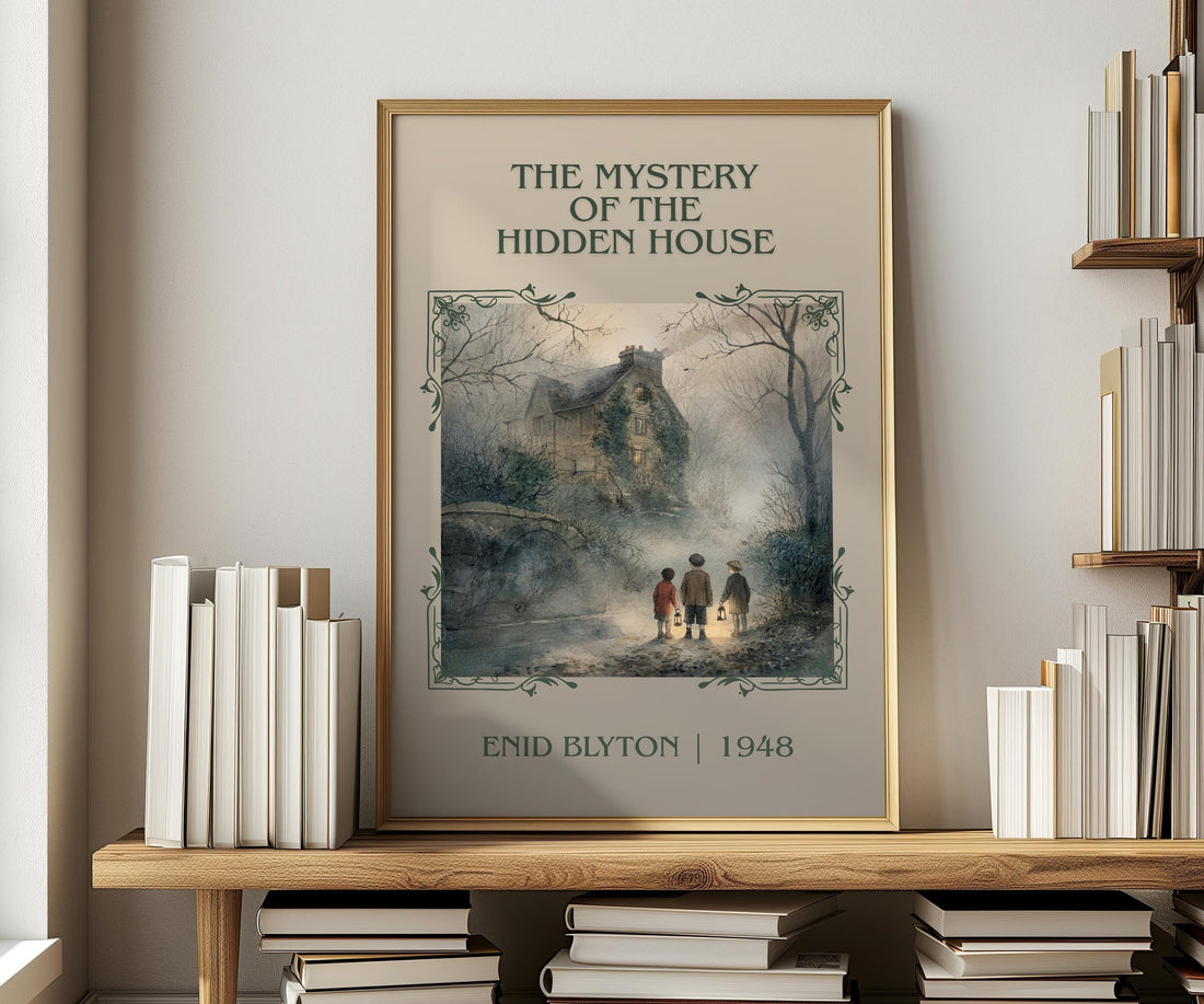 The Mystery Of The Hidden House classic book art print in frame leaning in hallway – childrens wall art (mockup)