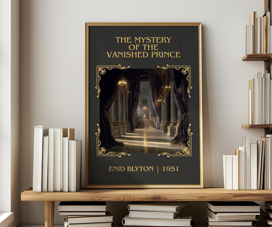 The Mystery of the Vanished Prince classic book art print in frame leaning in hallway – childrens wall art (mockup)