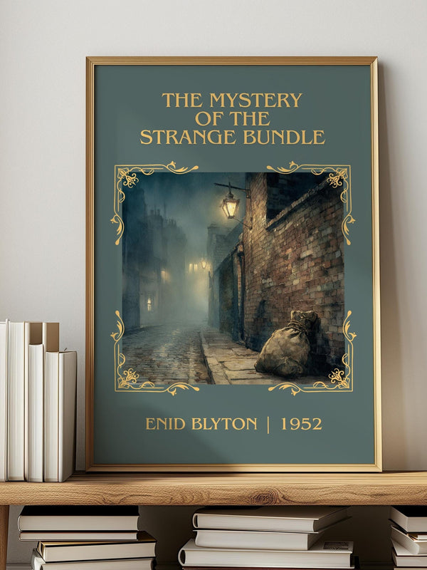 The Mystery of the Strange Bundle classic book art print in frame leaning in hallway – childrens wall art