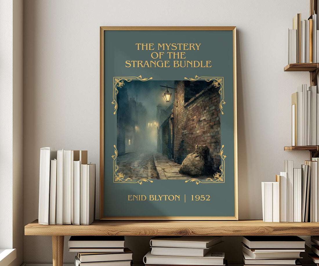 The Mystery of the Strange Bundle classic book art print in frame leaning in hallway – childrens wall art (mockup)