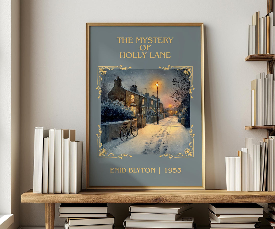 The Mystery of Holly Lane classic book art print in frame leaning in hallway – childrens wall art (mockup)