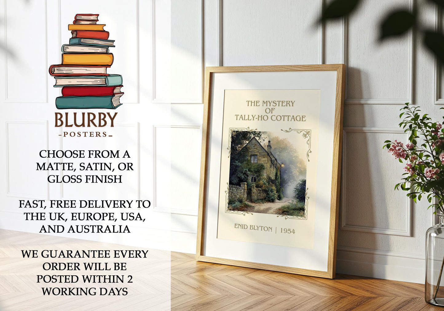 The Mystery of Tally-ho Cottage book poster packaging – museum-quality print rolled in protective tube