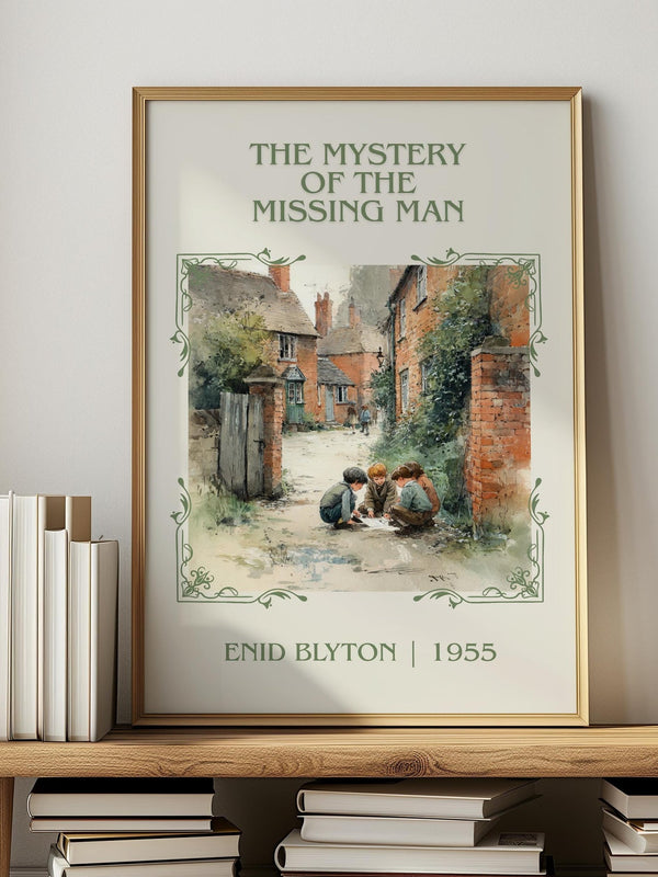 The Mystery Of The Missing Man classic book art print in frame leaning in hallway – mystery wall art