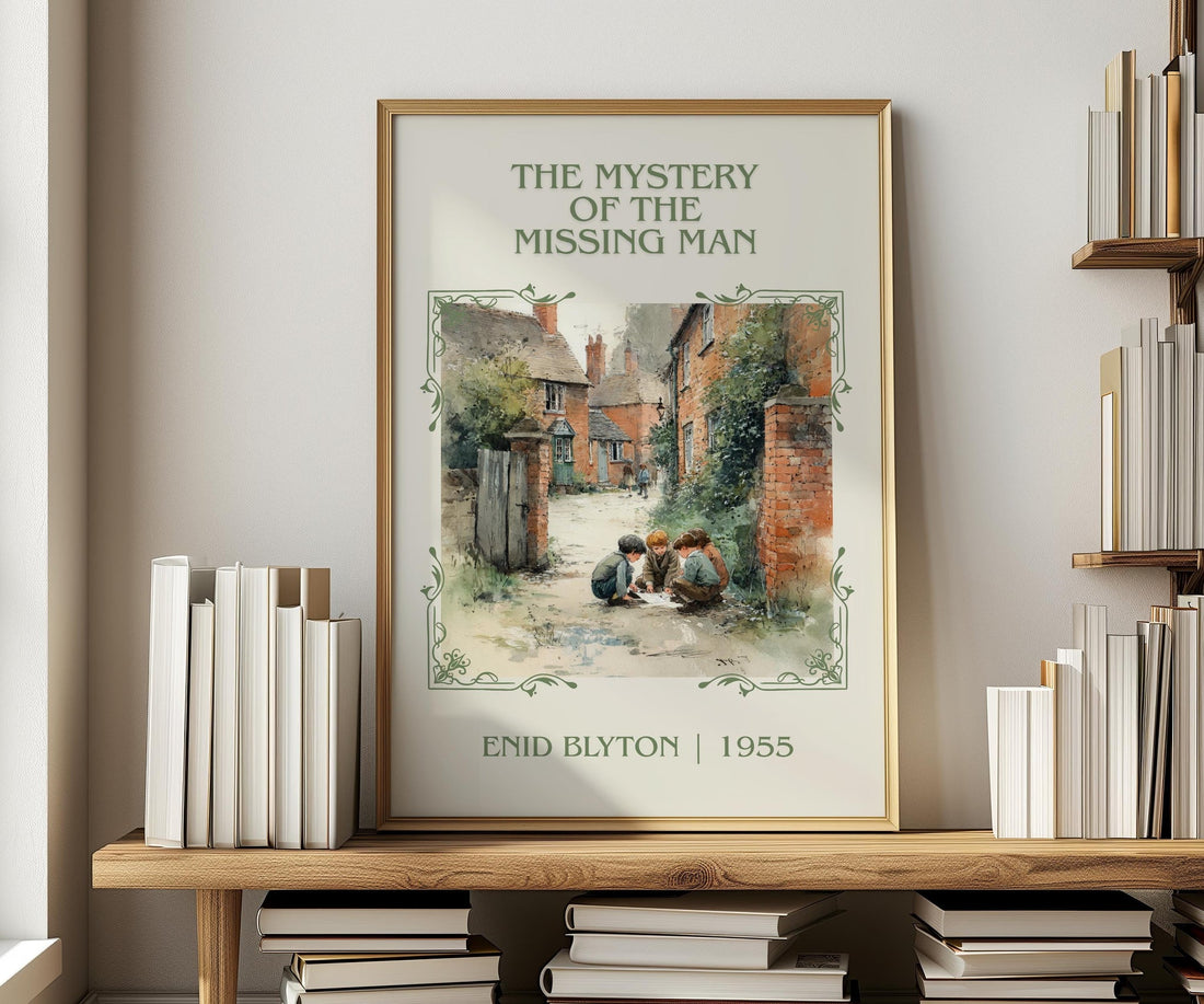 The Mystery Of The Missing Man classic book art print in frame leaning in hallway – mystery wall art (mockup)