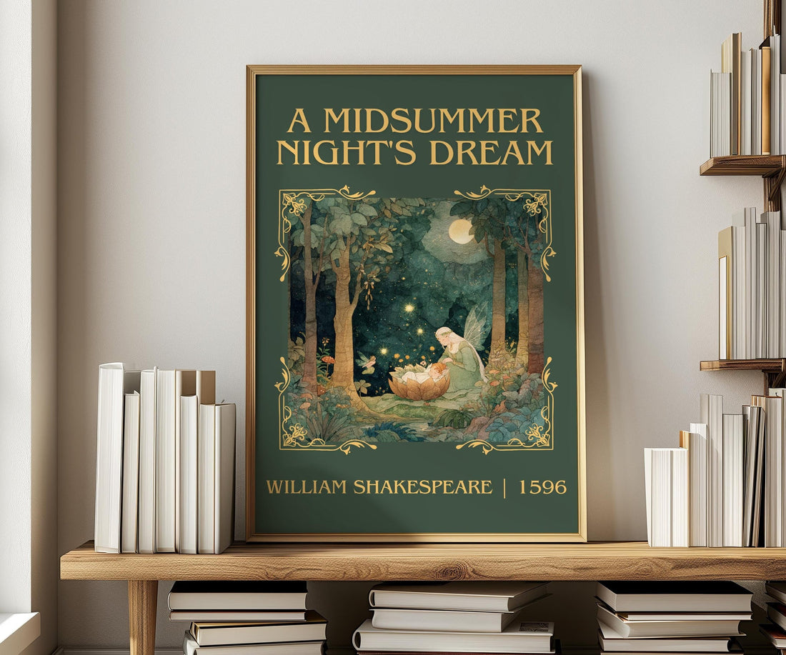 A Midsummer Night's Dream classic book art print in frame leaning in hallway – classic literature wall art (mockup)