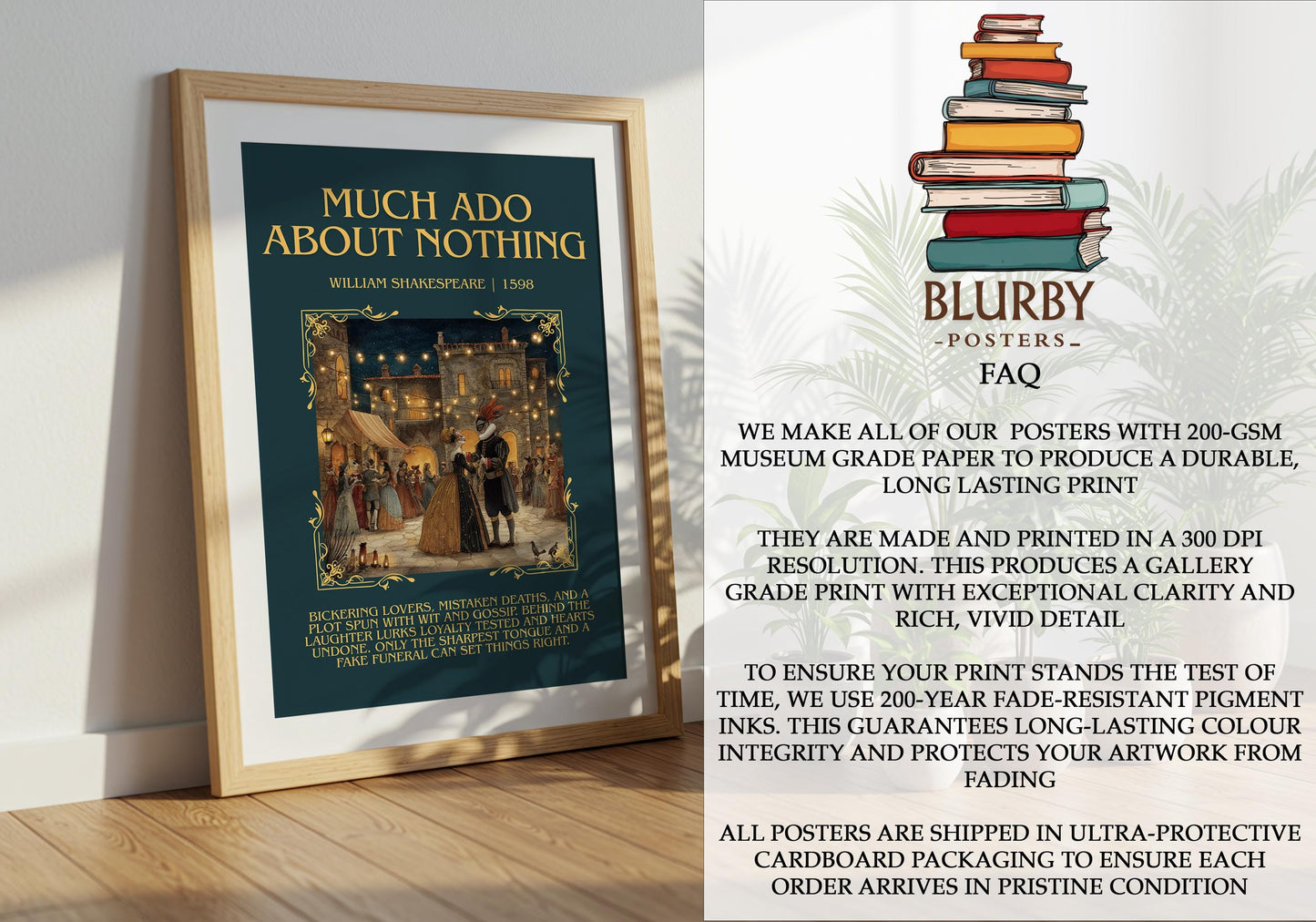 Much Ado About Nothing by William Shakespeare | Descriptive Book Poster | Blurby