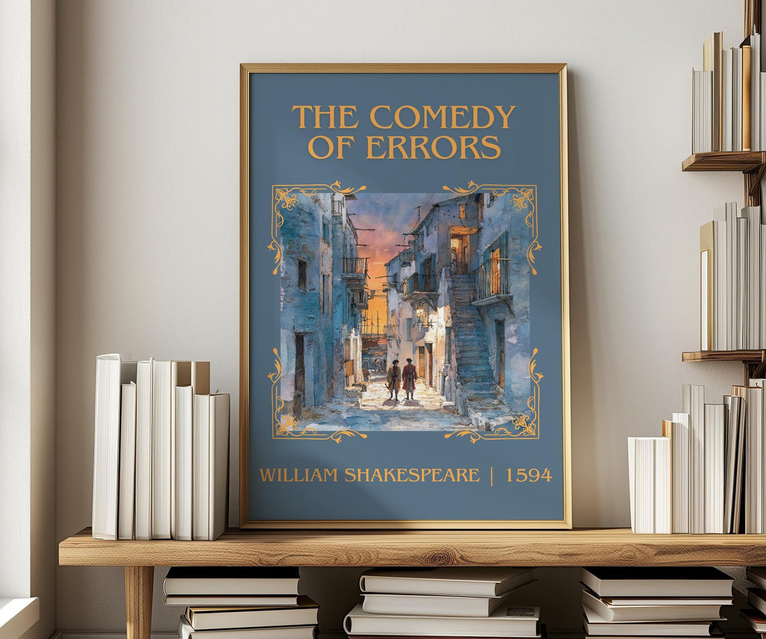 The Comedy of Errors classic book art print in frame leaning in hallway – classic literature wall art (mockup)