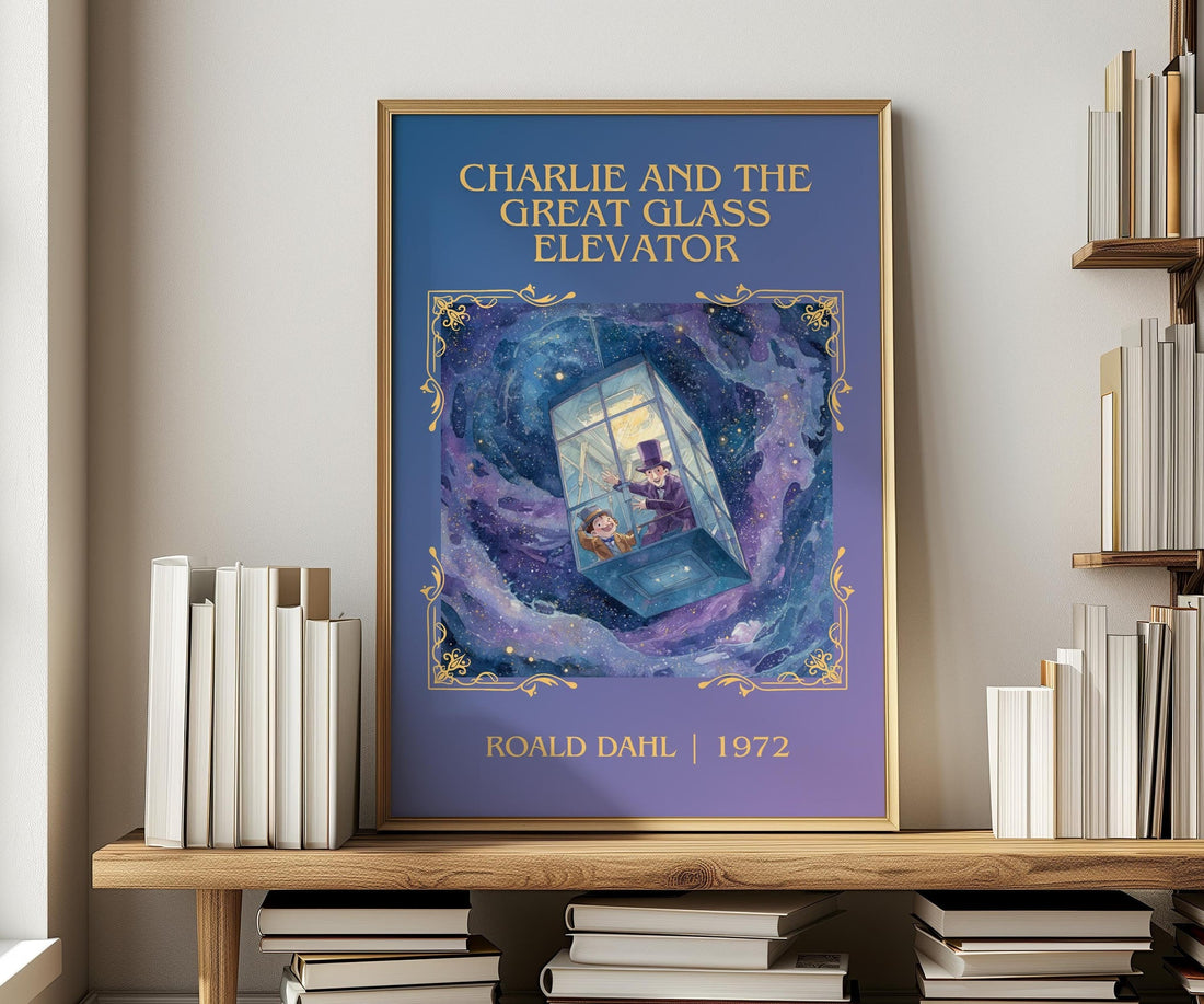 Charlie and the Great Glass Elevator classic book art print in frame leaning in hallway – childrens wall art (mockup)