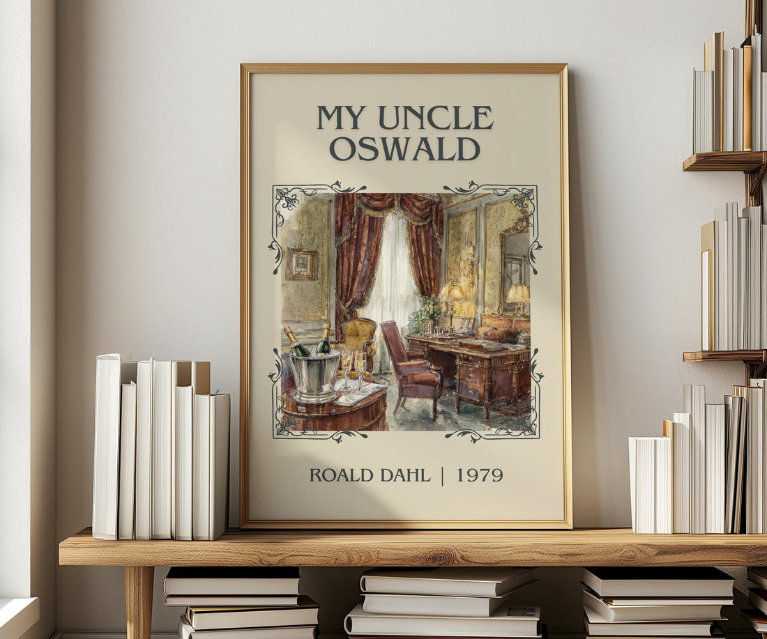 My Uncle Oswald classic book art print in frame leaning in hallway – satire wall art (mockup)