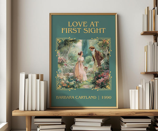 Love at First Sight classic book art print in frame leaning in hallway – romance wall art