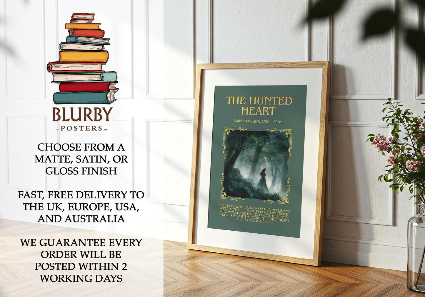The Hunted Heart by Barbara Cartland | Descriptive Book Poster | Blurby