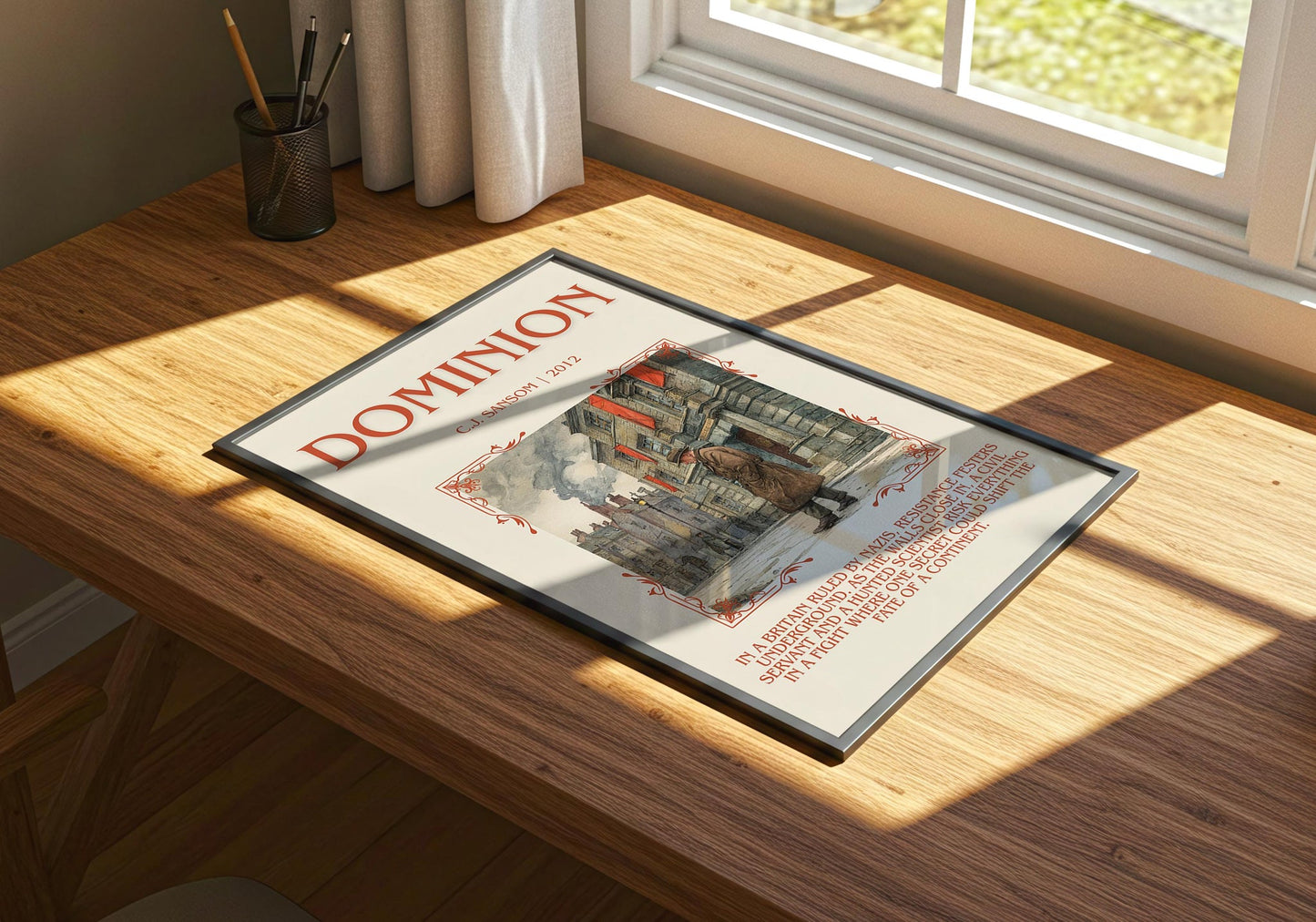 Dominion minimalist print on bookshelf – C. J. Sansom fan gift