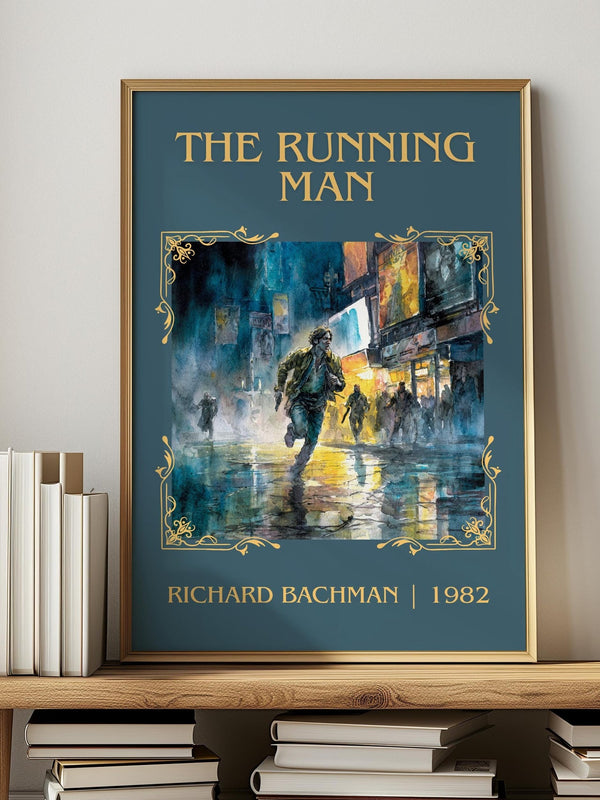 The Running Man classic book art print in frame leaning in hallway – dystopian wall art