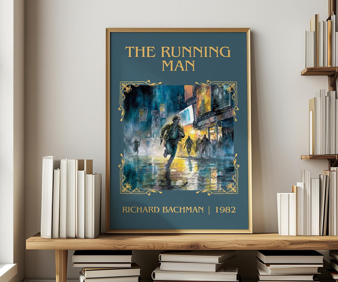 The Running Man classic book art print in frame leaning in hallway – dystopian wall art (mockup)