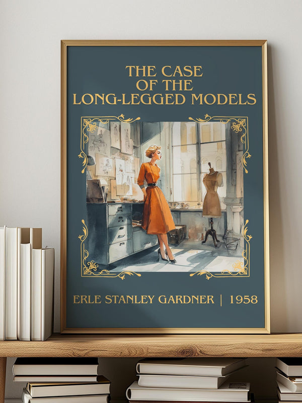 The Case of the Long-legged Models classic book art print in frame leaning in hallway – mystery wall art