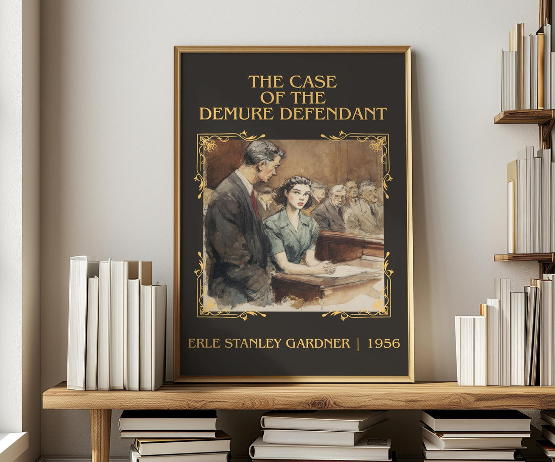 The Case of the Demure Defendant classic book art print in frame leaning in hallway – mystery wall art (mockup)