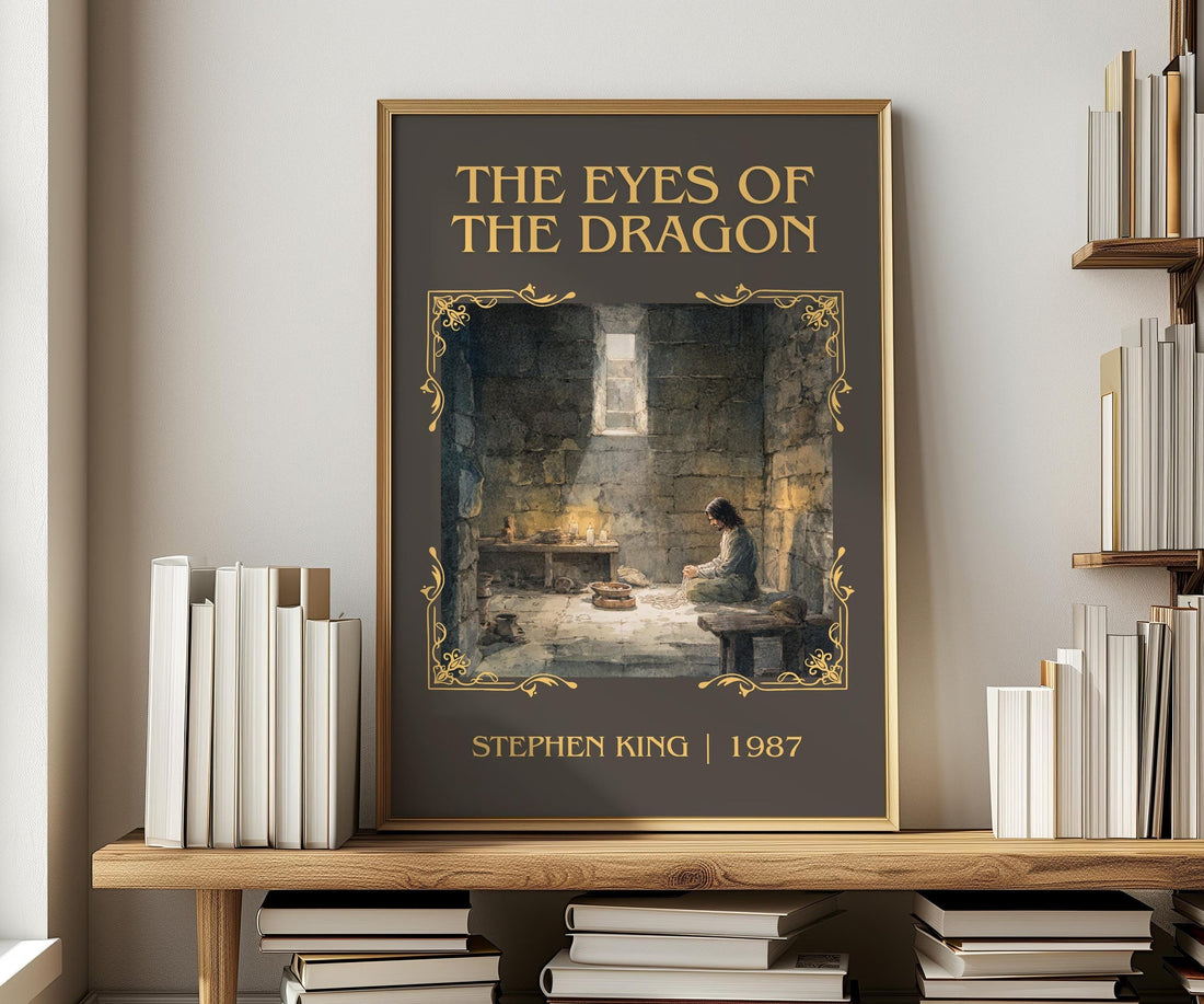 The Eyes Of The Dragon classic book art print in frame leaning in hallway – fantasy wall art (mockup)