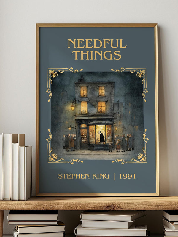 Needful Things classic book art print in frame leaning in hallway – horror wall art