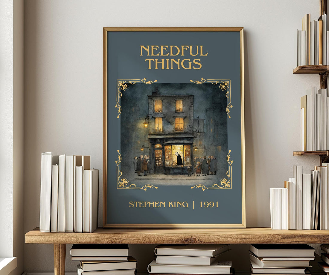 Needful Things classic book art print in frame leaning in hallway – horror wall art (mockup)