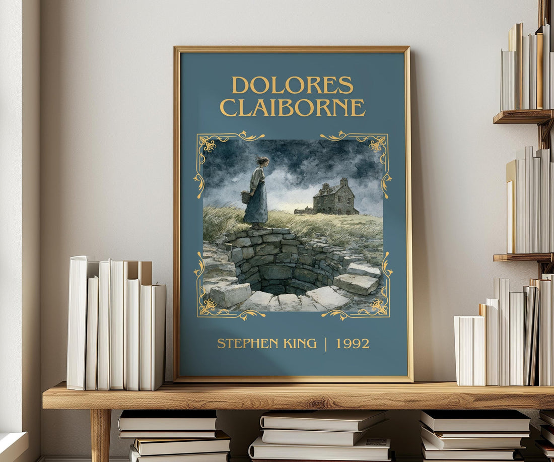Dolores Claiborne classic book art print in frame leaning in hallway – thriller wall art (mockup)