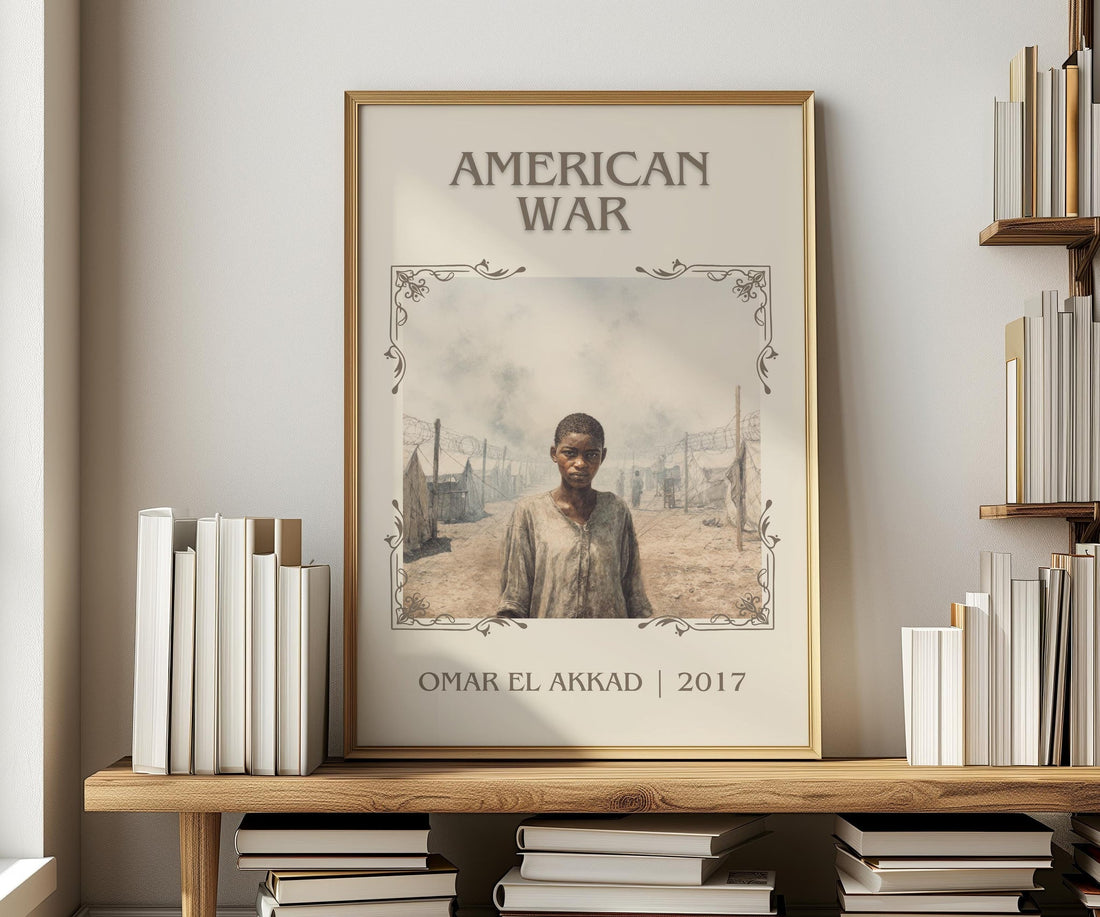 American War classic book art print in frame leaning in hallway – historical fiction wall art (mockup)