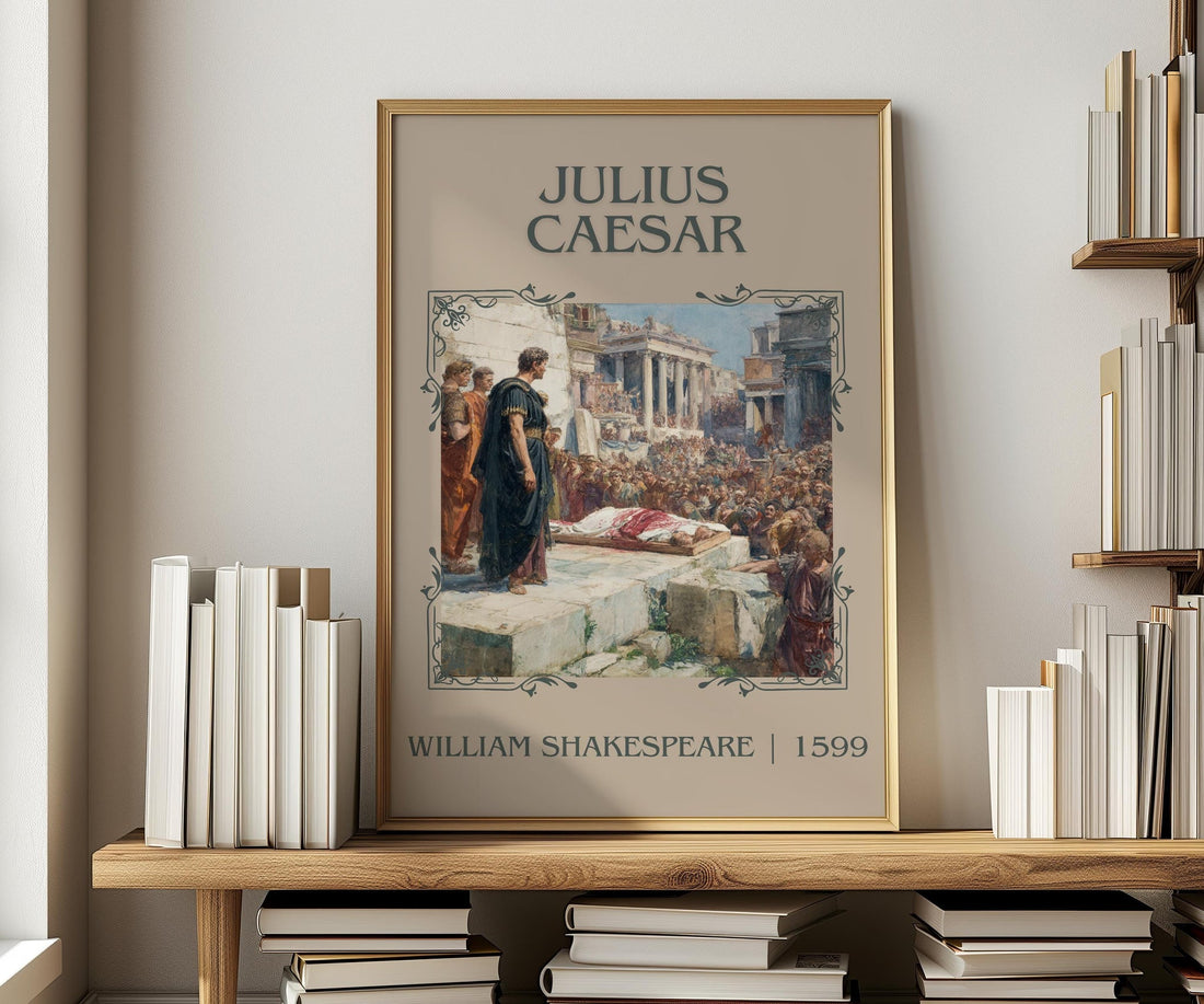 Julius Caesar classic book art print in frame leaning in hallway – classic literature wall art (mockup)
