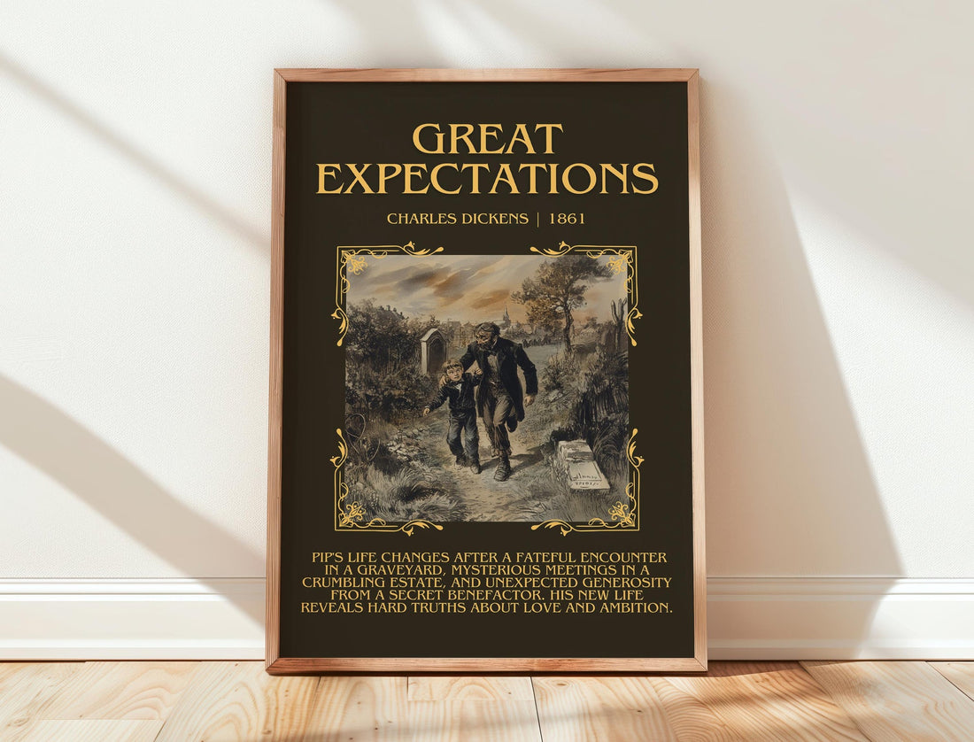 Great Expectations minimalist print in frame leaning in hallway – classic literature wall art (mockup)