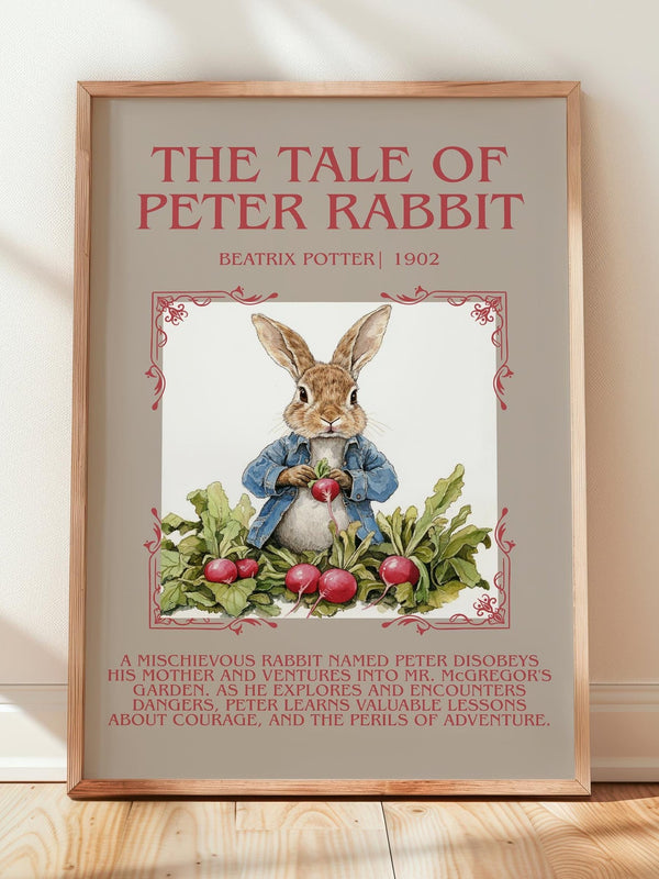 The Tale of Peter Rabbit minimalist print in frame leaning in hallway – childrens wall art