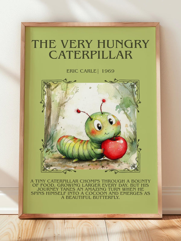 The Very Hungry Caterpillar minimalist print in frame leaning in hallway – childrens wall art