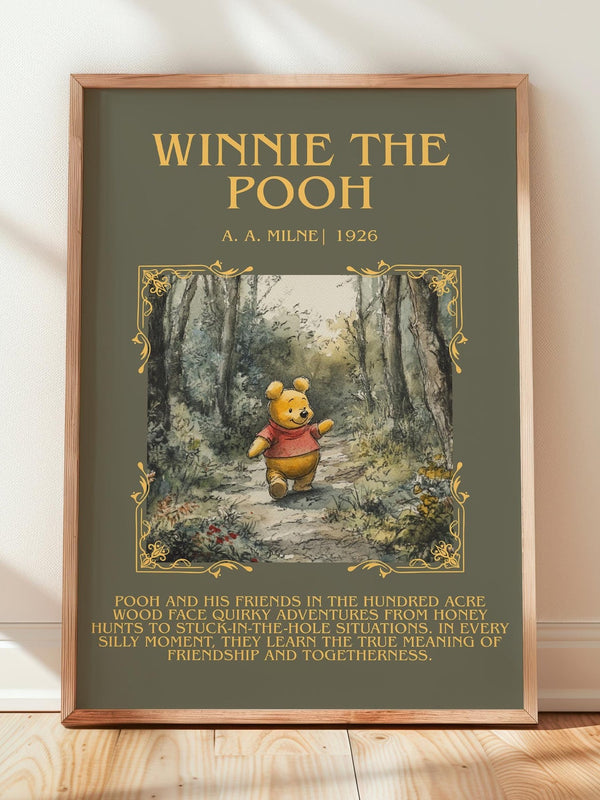 Winnie the Pooh minimalist print in frame leaning in hallway – childrens wall art